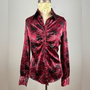 90s Y2K Apt. 9 Silky Stretch Button Up Blouse - Red and Black - S